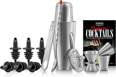 NutriChef Mixology Bartender Cocktail Shaker Set - Includes 15 & 30 oz Stainless Steel Shakers, 6 Bottle Pourers & More - Essential Martini Making Kit - Drink Mixing Set - 15 Piece Cocktail Bar Set