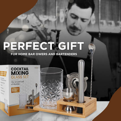 TEAVAS Cocktail 24oz Mixing Glass Set with Jigger, Muddler, Spoon, Hawthorne Strainer & Bamboo Stand - Mixology Pitcher for Stirrer Cocktails - Birthday Gifts for Friends & Family