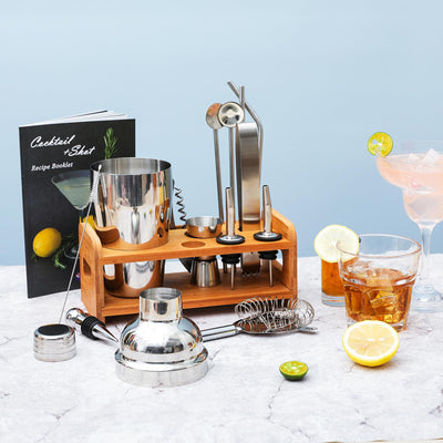 15PCS Cocktail Shaker Set, Bartender Kit Bar Tools Set with All Bar Essential Accessories, Martini Shaker Bartending Kit with Stand & Recipes