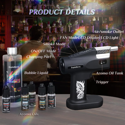ExploNova Aroma blaster Cocktail Gun, with 5-Flavour Aroma Oil and Edible Bubble for Food and Drink, Bourbon, Rum, Vodka, Coffee, Meat, for Bar/Restaurant/Home Dinner, Gifts for Father/Husban
