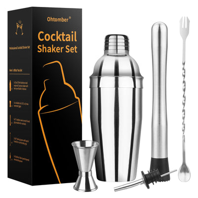 Ohtomber Cocktail Shaker Bartender Kit - 5PCS Cocktail Martini Shaker with Strainer, Muddler for Cocktails, Bar Spoon, Measuring Jigger for Bartending and Liquor Bottle Pourers, Drink Mixer Bar Tools