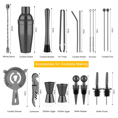 Vabaso 20 Piece Cocktail Shaker Set with Rotating Stand, 25oz Stainless Steel Black Bartender Kit Bar Tools Set for Home, Bars, Parties and Traveling, Cocktail Lovers Gift