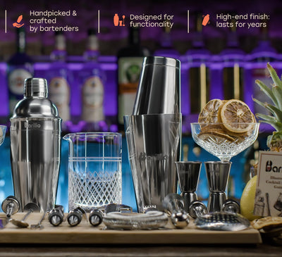 Barillio Mixology Bartender Kit Cocktail Shaker Set | Complete Bar Tool Set Stainless Steel Barware Essentials | Martini Boston Mixer Muddler Mixing Spoon Jigger Strainer Pourers