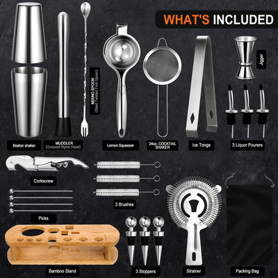 24-Piece Cocktail Shaker Bartender Kit with Stand, Boston Shaker, Mixing Spoon, Muddler, Measuring Jigger, Lemon Squeez, Tongs, Corkscrew, Liquor Pourers and More Professional Bar Tools