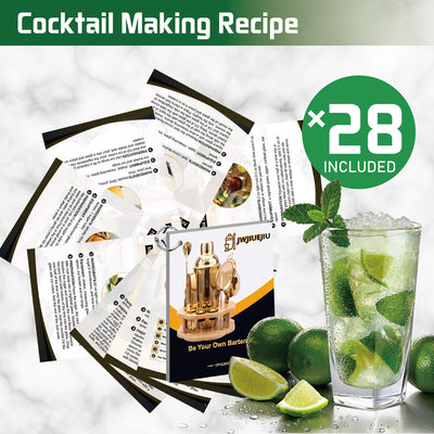 JWJIUEJIU Cocktail Shaker Set Bartender Kit with Rotating Bamboo Stand,11 Piece Bar Set Stainless Steel Bar Tools Set with Recipes Booklet (Gold)