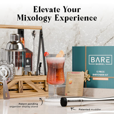 BARE BARREL® Mixology Bartender Kit Bar Set | Martini Cocktail Shaker Set | Barware Mixing Tools for Home Bartending | Farmhouse Rustic Portable Caddy & 35 Recipe Cards | Gift Set (Polished Silver.)
