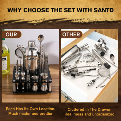 KINGROW Mixology Cocktail Shaker Set - Complete 29-Piece Bartender Kit and Bar Tools with Acrylic Rotating Stand, Professional Bar Set for Drink Mixing, Home, Bar, Party (Sliver)