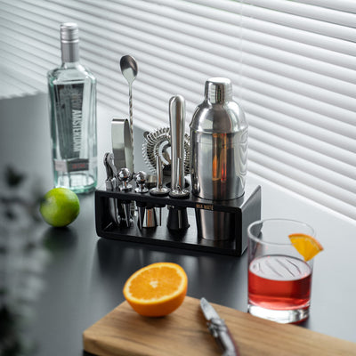 Mixology Bartender Kit with Stand - 15 Piece Bar Tool Set, Silver Bar Set Cocktail Shaker Set for Drink Mixing - Includes Martini Shaker, Jigger, Strainer, Bar Mixer Spoon, Tongs, Opener | Gift Idea