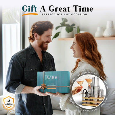 BARE BARREL® Mixology Bartender Kit Bar Set | 14-Piece Cocktail Shaker Set | Martini Barware Mixing Tools for Home Bartending | Incl. 35 Recipe Cards | Gift Set (28oz Boston Shaker, Bamboo Silver)