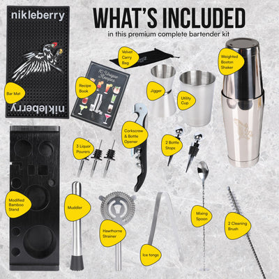 Nikleberry Premium 20 Piece Bartender Kit with Weighted Boston Shaker and Stand | 304 Stainless Steel Bar Tools Set with Large Spill Catching Bar Mat - Recipe Book - Velvet Bag | Perfect for Mixology