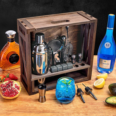 Oyydecor 18 Piece Cocktail Shaker Set with Rustic Pine Stand, Gifts for Men Dad Grandpa, Stainless Steel Bartender Kit Bar Tools Set, Home, Bars, Parties and Traveling (Black)
