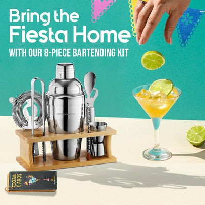 Mixology Bartender Kit - 8-Piece Cocktail Shaker Set with Wood Stand, Recipe Cards, and Bar Accessories Ideas (Silver)