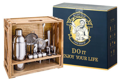 Oyydecor 18 Piece Cocktail Shaker Set with Rustic Pine Stand, Gifts for Men Dad Grandpa,Stainless Steel Bartender Kit Bar Tools Set, Home, Bars, Parties and Traveling (Silver)
