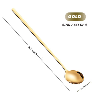 4 Pcs 6.7" Coffee Spoons, Teaspoons, Gold Spoons, Stirring Spoons with Long Handle, Cute Coffee Bar Accessories - Stainless Steel Bar Spoons Set for Espresso Iced Tea Dessert Ice Cream Yogurt cocktail