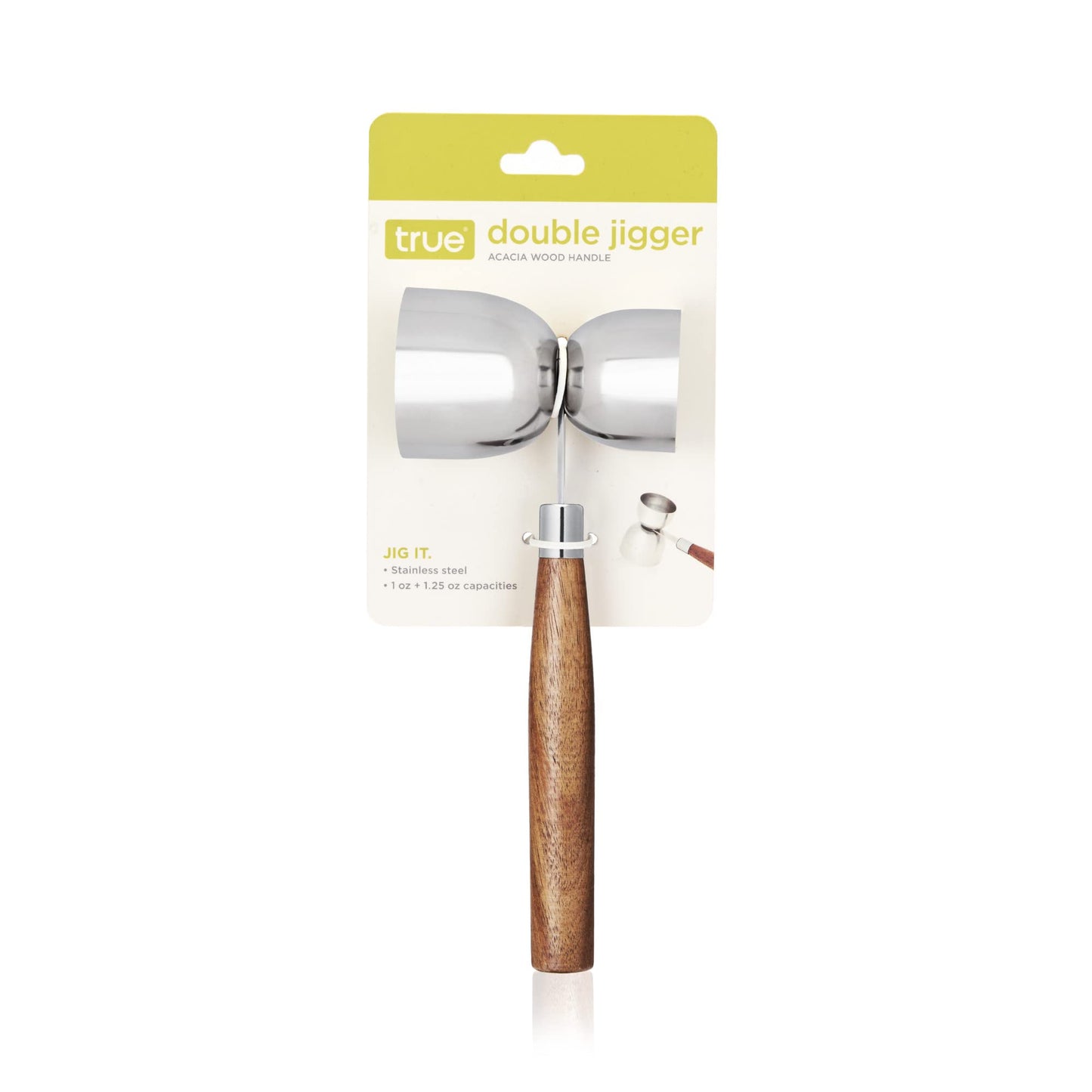 True Double Jigger with Acacia Handle, Bar Supplies, Drink Tools, Craft the Perfect Cocktails, 1oz & 1.25oz Capacities, Stainless Steel
