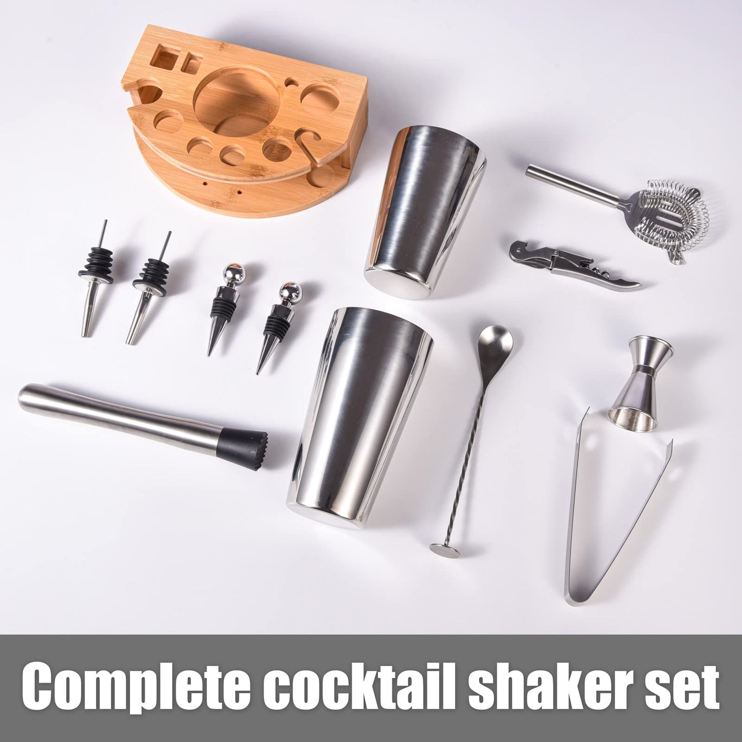 Esmula Bartender Kit with Stylish Bamboo Stand, 12 Piece 20oz/25oz Boston Cocktail Shaker Set for Mixed Drink, Professional Stainless Steel Bar Tool Set, Gift for Man Dad- Cocktail Recipes Booklet