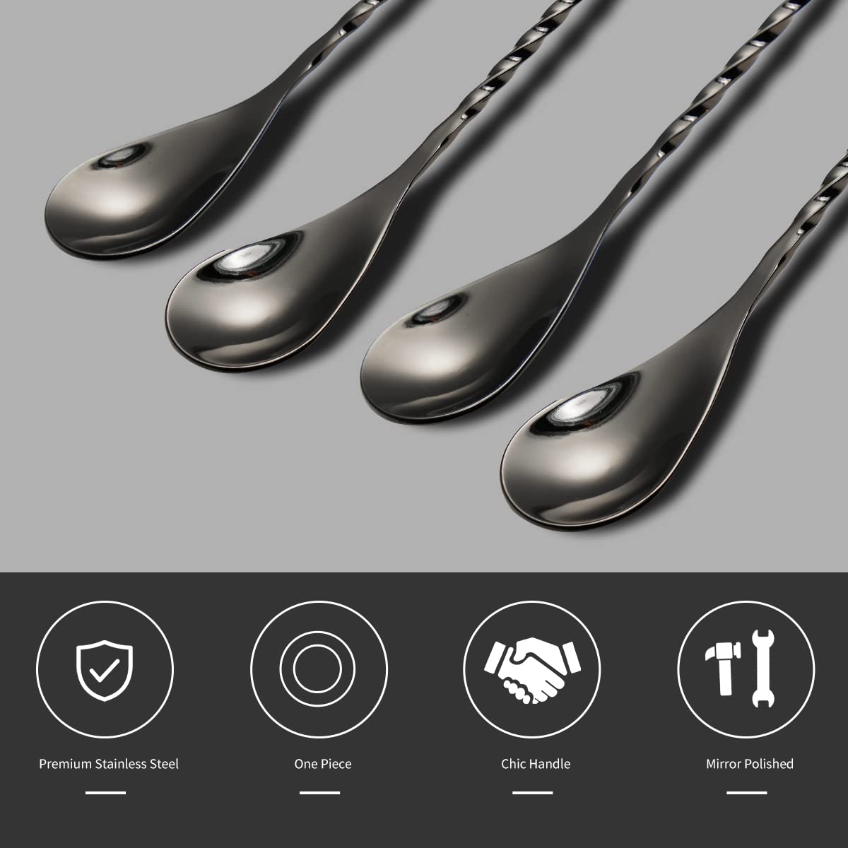 Bar Spoons（2021 New）Mixing Spoon 12 Inch Cocktail Spoon Stainless Steel Spiral Long Handle Tall Spoon, Bartender Whiskey Cocktail Shaker Spoons, Drink Stirring Blending Spoons, Black 2pcs