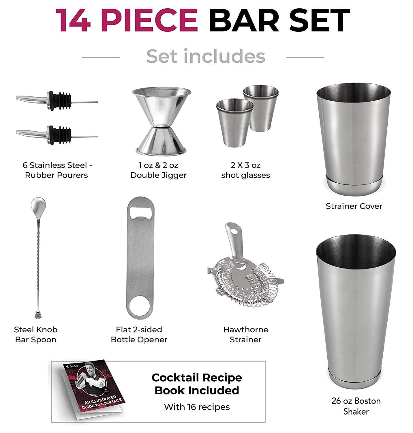 Expert Cocktail Shaker Home Bar Set - 14 Piece Stainless Steel Bar Tools Kit with Shaking Tins, Flat Bottle Opener, Double Bar Jigger, Hawthorne Strainer, Shot Glasses, Bar Spoon, and 6 Pour Spouts.
