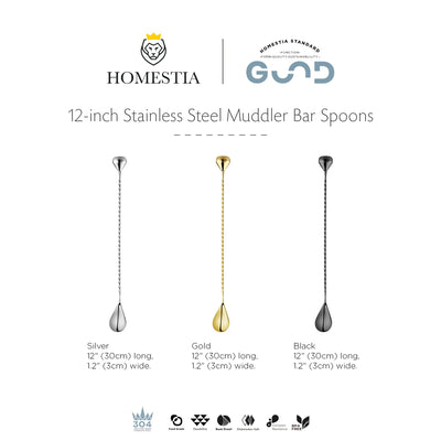 Homestia Bar Spoon with Muddler, Stainless Steel Cocktail Mixing Spoon Drink Stirrer, 12" Muddler Spoons Cocktail Stirrers for Drinks, Long Handled Stirring Spoon with Droplet-Shaped Muddler