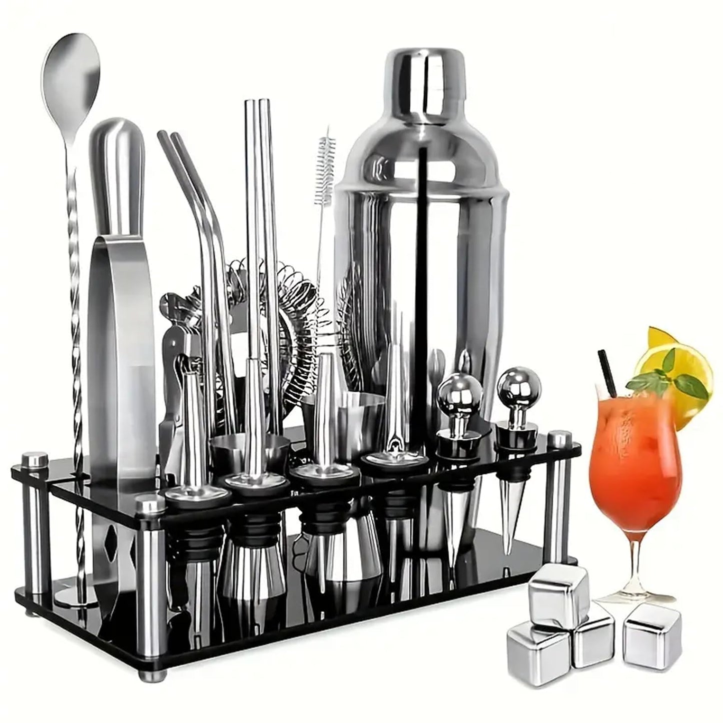 25-Piece Cocktail Shaker Set with Acrylic Stand & Cocktail Recipes Booklet,304 Stainless Steel Bartender Kit,Professional Bar Tools for Drink Mixing, Home, Bar, Party (Include 4 Whiskey Stones)
