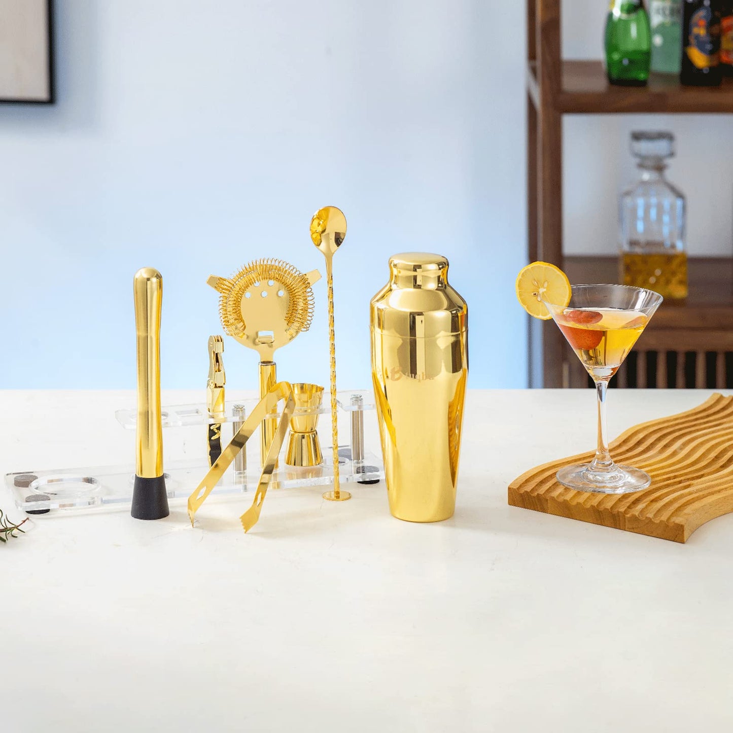 Btuqbu Cocktail Shaker Set with Arcylic Stand, Mixology Bartender Kit for Drink Mixing | Mixology Set with 7 Bar Set Tools Cocktail Kit (Gold)