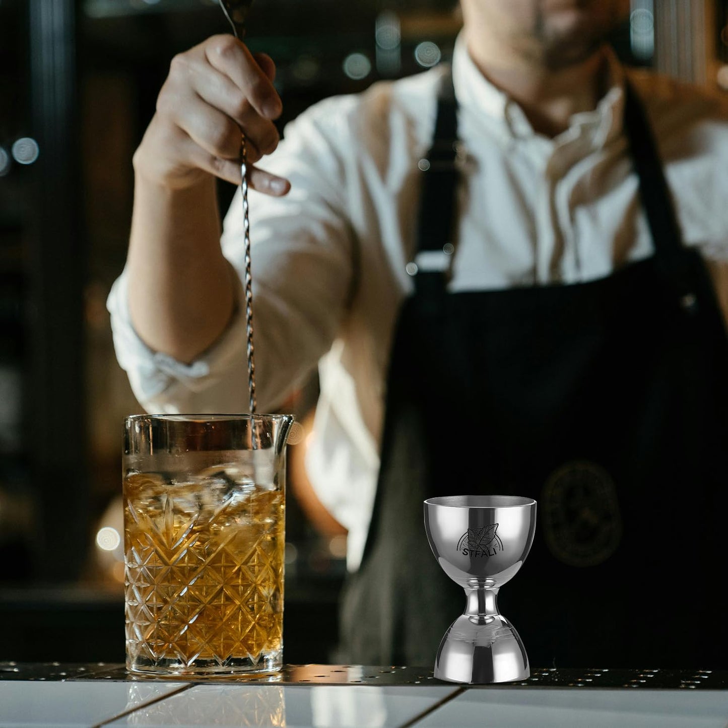 STFALI Cocktail Jigger for Bartending, Jigger with 1/2oz, 1oz, 1 1/2oz and 2oz Measuring Marks, Stainless Steel Bar Tools, Cocktail Measuring Jigger with Cocktail Spoon