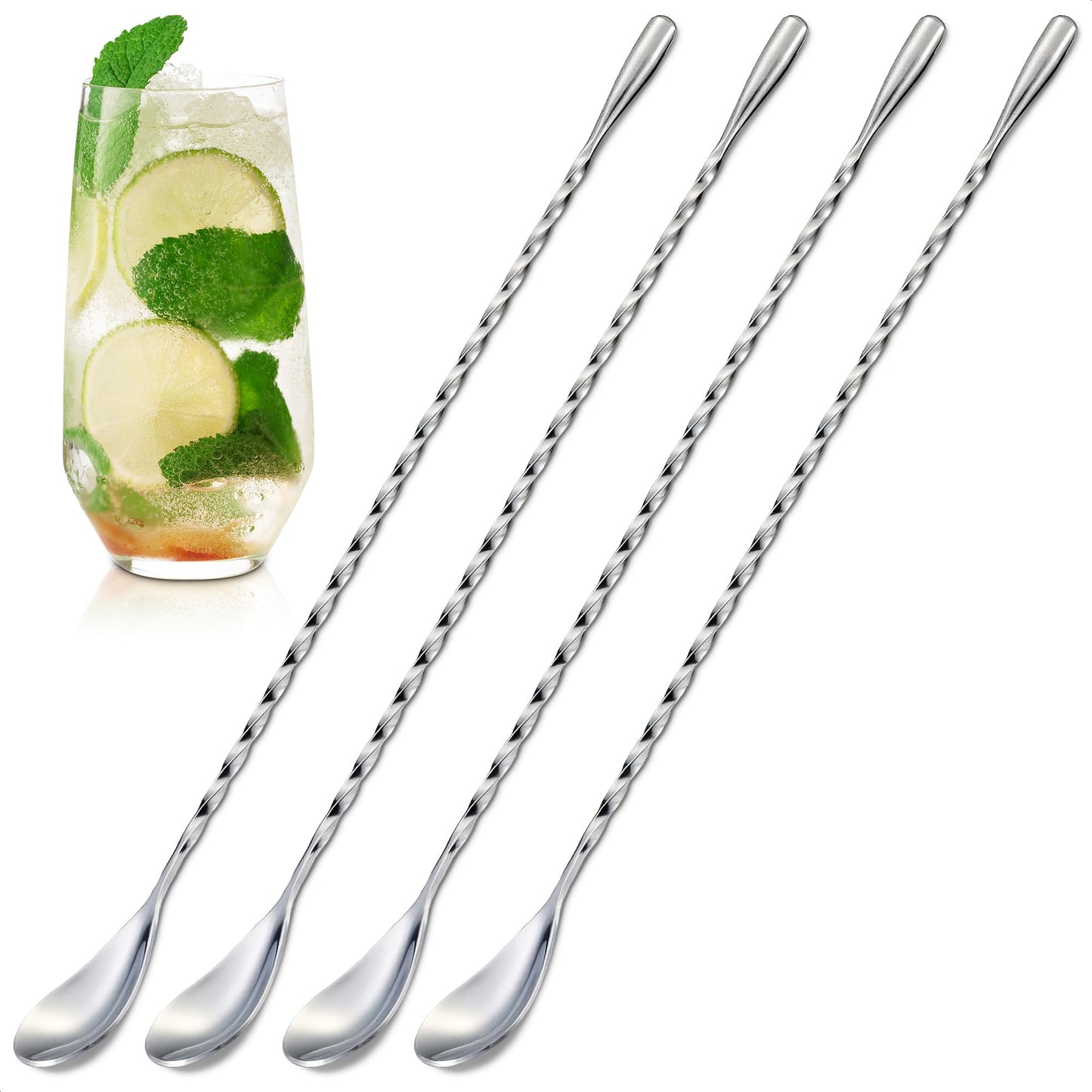 4Pcs Cocktail Spoon Long Handle Bar Spoon - 12" Metal Spoons Drink Mixers for Cocktails Stainless Steel Spoons Stirring Spoons for Coffee Bar Accessories - Home Bar Mixing Spoon Long Handle Spoon Set