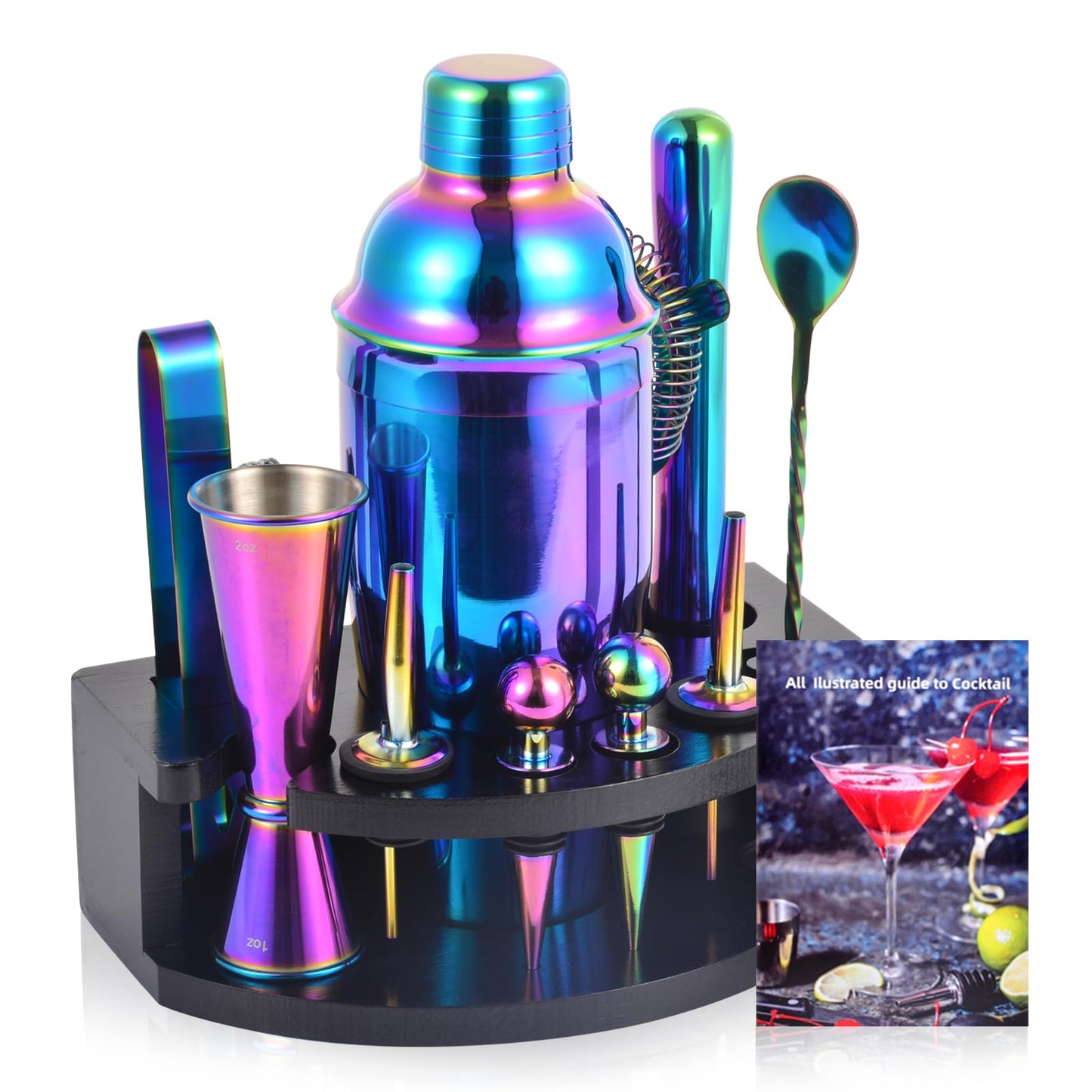 Safring Bartender Kit with Stand, 12-Piece Bar Set | 24oz Cocktail Shaker Set for Drink Mixing, Martini Shaker Set with Bar Tools, Recipes Booklet | Fun Housewarming Gift (Rainbow)