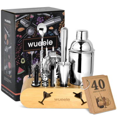 WUEELE Bartender Kit:15-Piece Bar Tool Set with Bamboo Stand, Stainless Cocktail Shaker Set with All Essential Accessory Tools, Professional Bar Tools for The Home Mixologist Cocktail Recipe Booklet