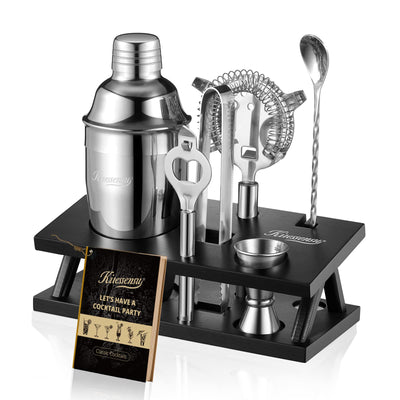 KITESSENSU Cocktail Shaker Set Bartender Kit, 6-Piece Silver Bar Set with Stand, Bar kit with Essential Bar Accessory Tools: Martini Shaker, Jigger, Strainer, Bar Spoon, Tongs, Opener