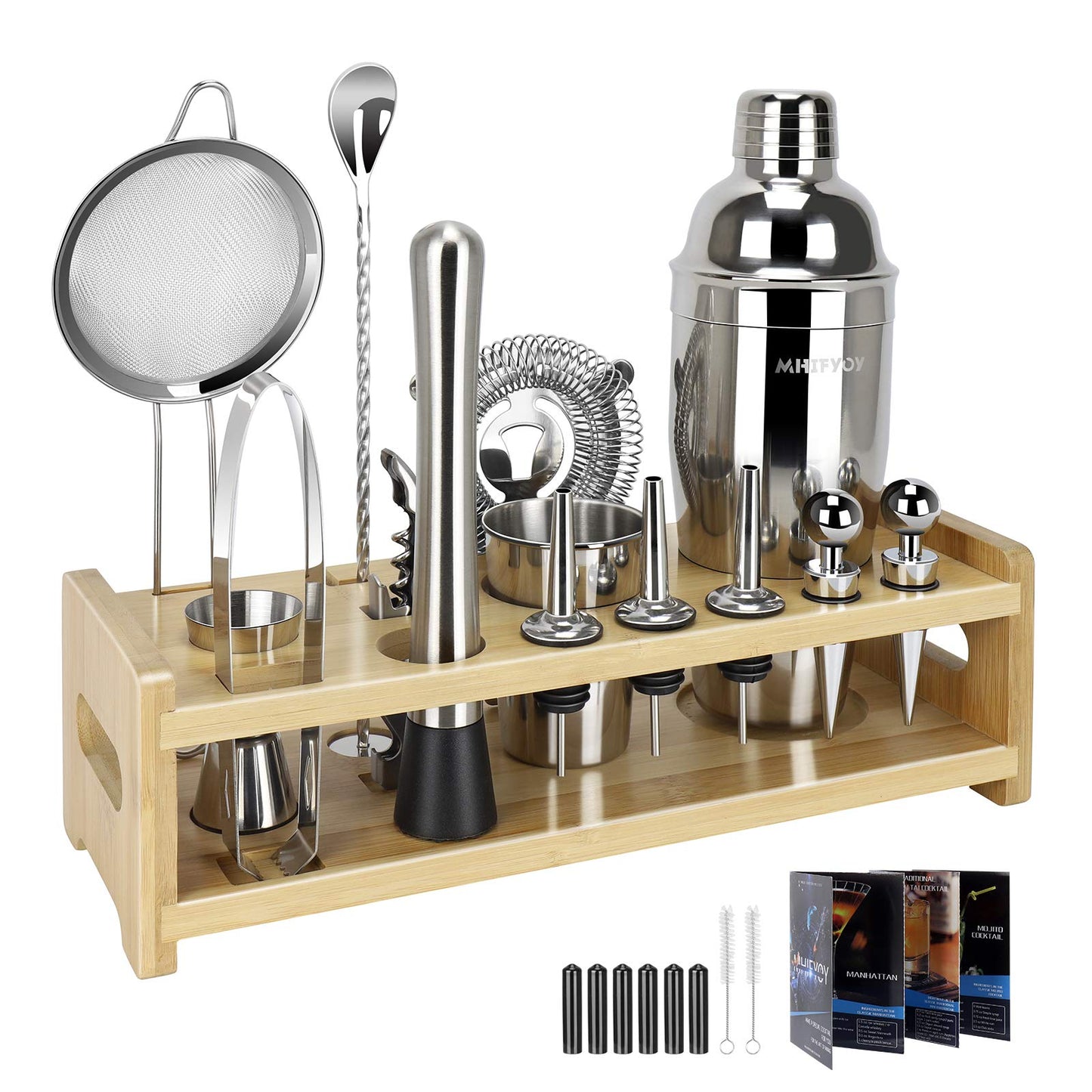 24-Piece Cocktail Shaker Set - MHIFYOY Bartender Kit - Stainless Steel Martini Mixer Bar Tools with Bamboo Stand, Ideal Gift Pack & Fine Mesh Strainer(Silver)