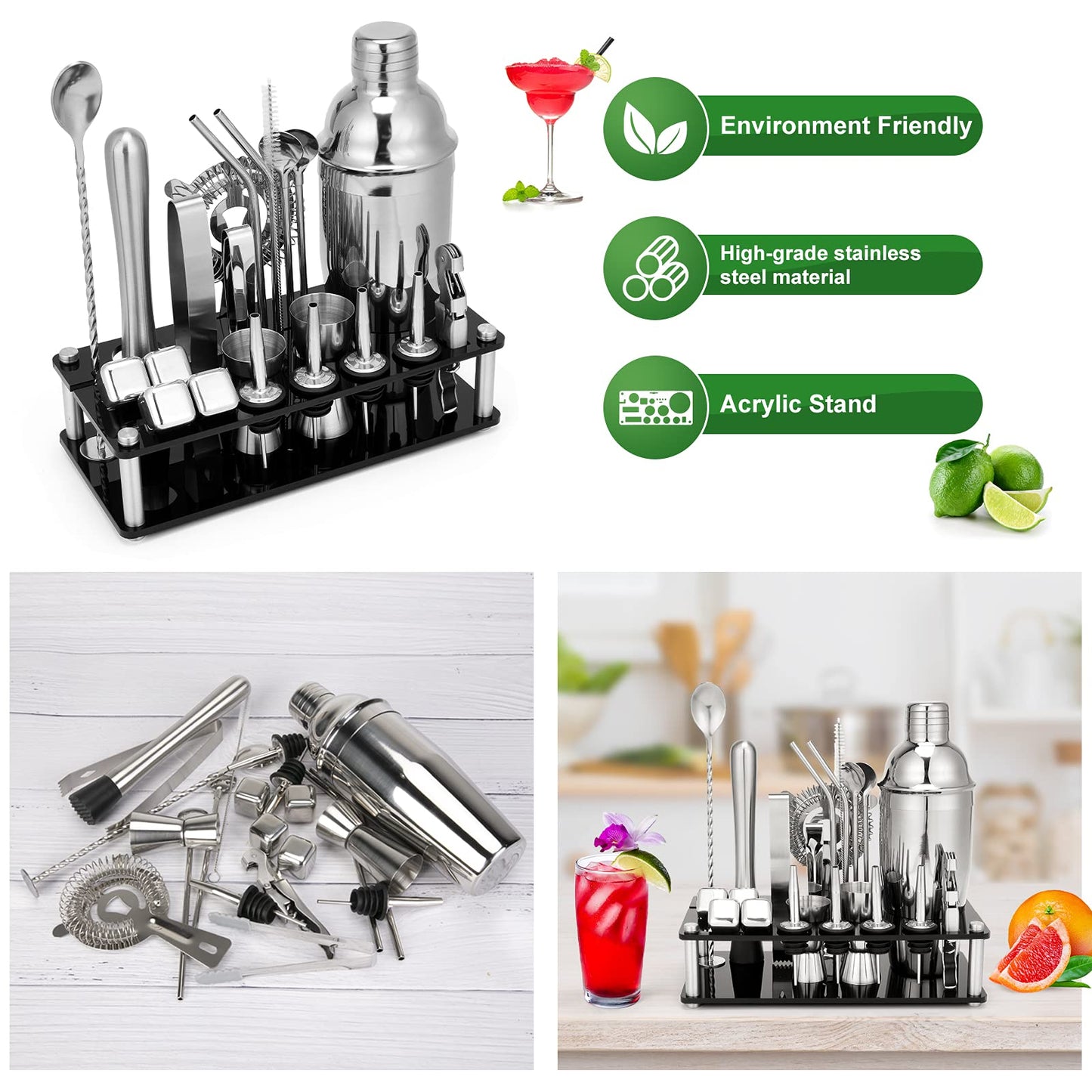 Cocktail Shaker Set, 23-Piece Stainless Steel Bartender Kit with Acrylic Stand & Cocktail Recipes Booklet, Professional Bar Tools for Drink Mixing, Home, Bar, Party (Include 4 Whiskey Stones)