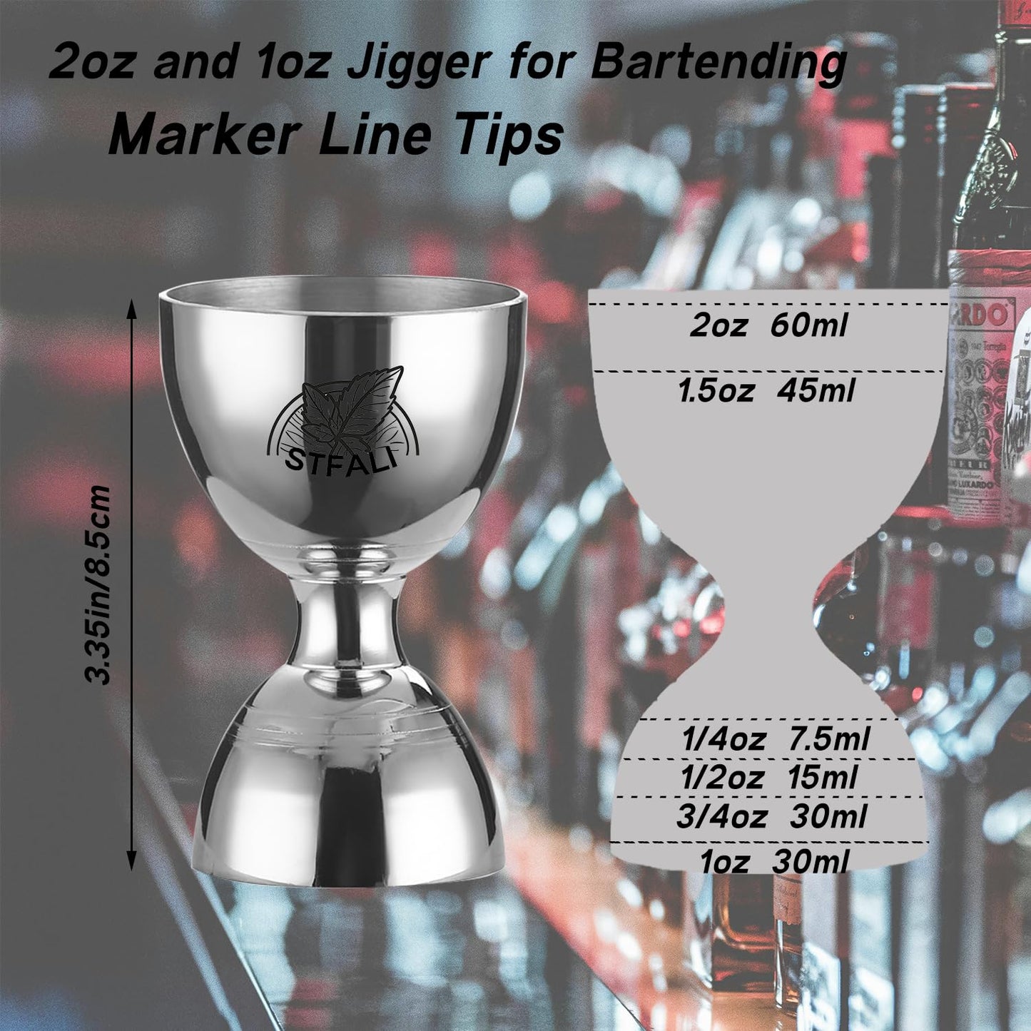 STFALI Cocktail Jigger for Bartending, Jigger with 1/2oz, 1oz, 1 1/2oz and 2oz Measuring Marks, Stainless Steel Bar Tools, Cocktail Measuring Jigger with Cocktail Spoon