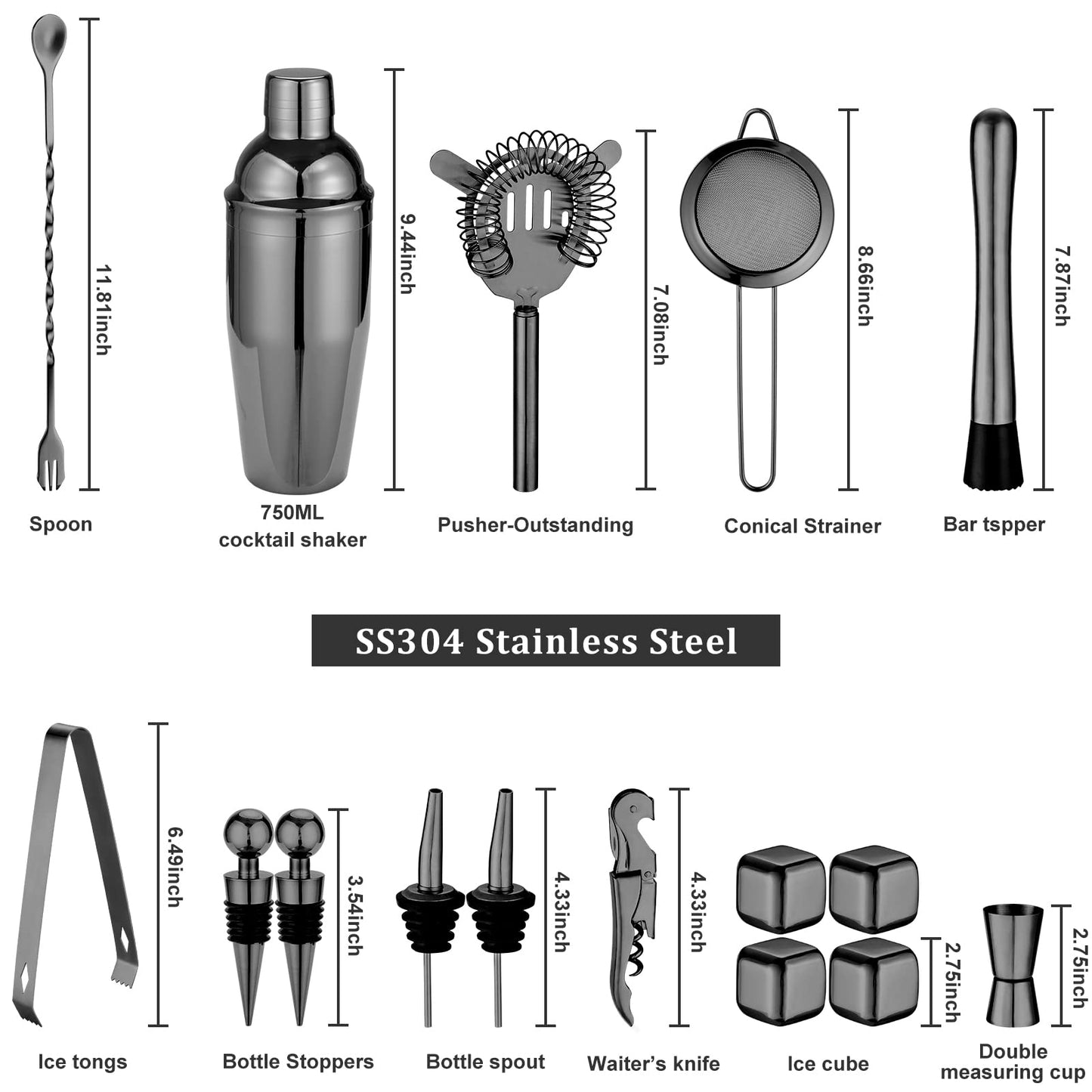 Oyydecor 18 Piece Cocktail Shaker Set with Rustic Pine Stand, Gifts for Men Dad Grandpa, Stainless Steel Bartender Kit Bar Tools Set, Home, Bars, Parties and Traveling (Black)