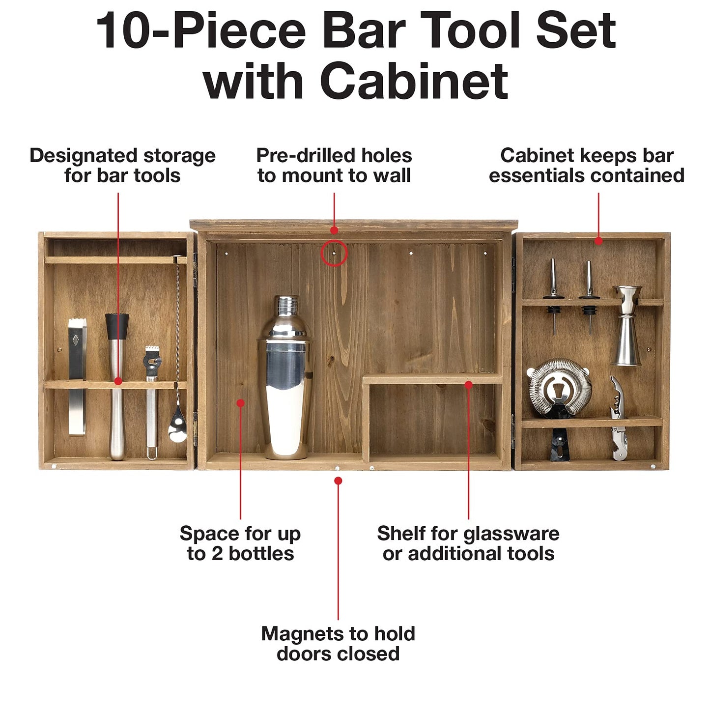 Excello Global Products Barndoor Bartender Cabinet with 10 Piece Bar Tool Set: The Perfect Kit for Home Bartenders (Rustic Brown)