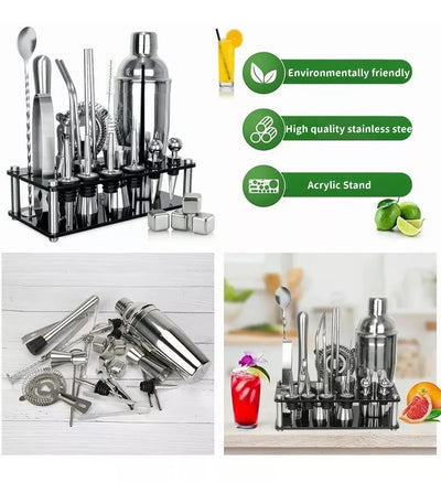 25-Piece Cocktail Shaker Set with Acrylic Stand & Cocktail Recipes Booklet,304 Stainless Steel Bartender Kit,Professional Bar Tools for Drink Mixing, Home, Bar, Party (Include 4 Whiskey Stones)