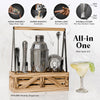 BARE BARREL® Mixology Bartender Kit Bar Set | Martini Cocktail Shaker Set | Barware Mixing Tools for Home Bartending | Farmhouse Rustic Portable Caddy & 35 Recipe Cards | Gift Set (Polished Silver.)