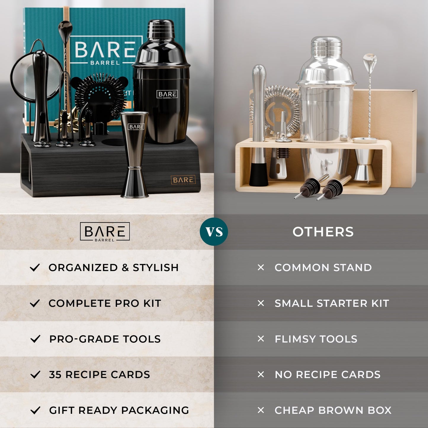 BARE BARREL® Mixology Bartender Kit Bar Set | 14-Piece Cocktail Shaker Set | Martini Barware Mixing Tools for Home Bartending | Incl. 35 Recipe Cards | Gift Set (24oz Cobbler Shaker, Jet Black)