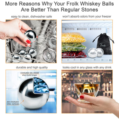 Gifts for Him - Men Dad Husband - 4 XL Stainless Steel Whisky Ice Balls, Special Tongs & Freezer Pouch in Luxury Gift Box for Whiskey Lovers!