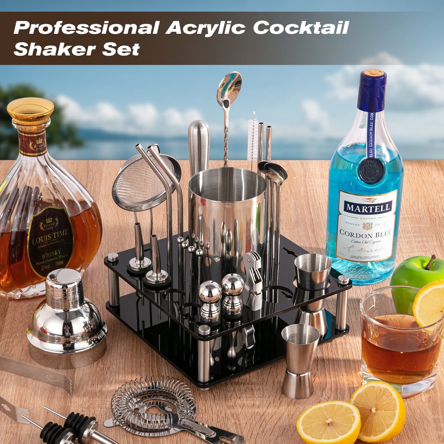 KINGROW Mixology Cocktail Shaker Set - Complete 29-Piece Bartender Kit and Bar Tools with Acrylic Rotating Stand, Professional Bar Set for Drink Mixing, Home, Bar, Party (Sliver)