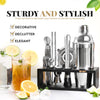 Mixology Bartender Kit with Stand - 15 Piece Bar Tool Set, Silver Bar Set Cocktail Shaker Set for Drink Mixing - Includes Martini Shaker, Jigger, Strainer, Bar Mixer Spoon, Tongs, Opener | Gift Idea