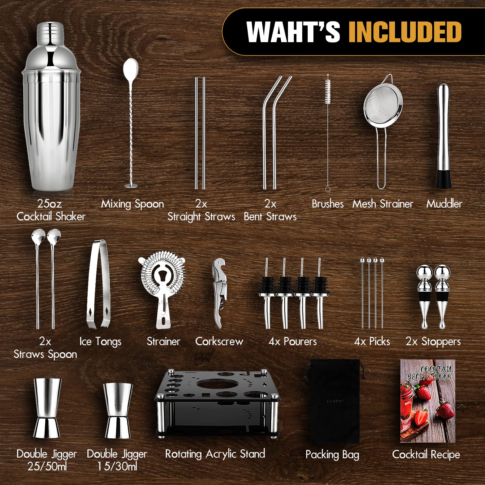KINGROW 29-Piece Cocktail Shaker Set With Acrylic Stand - Complete Bartender Kit With Gold Finish