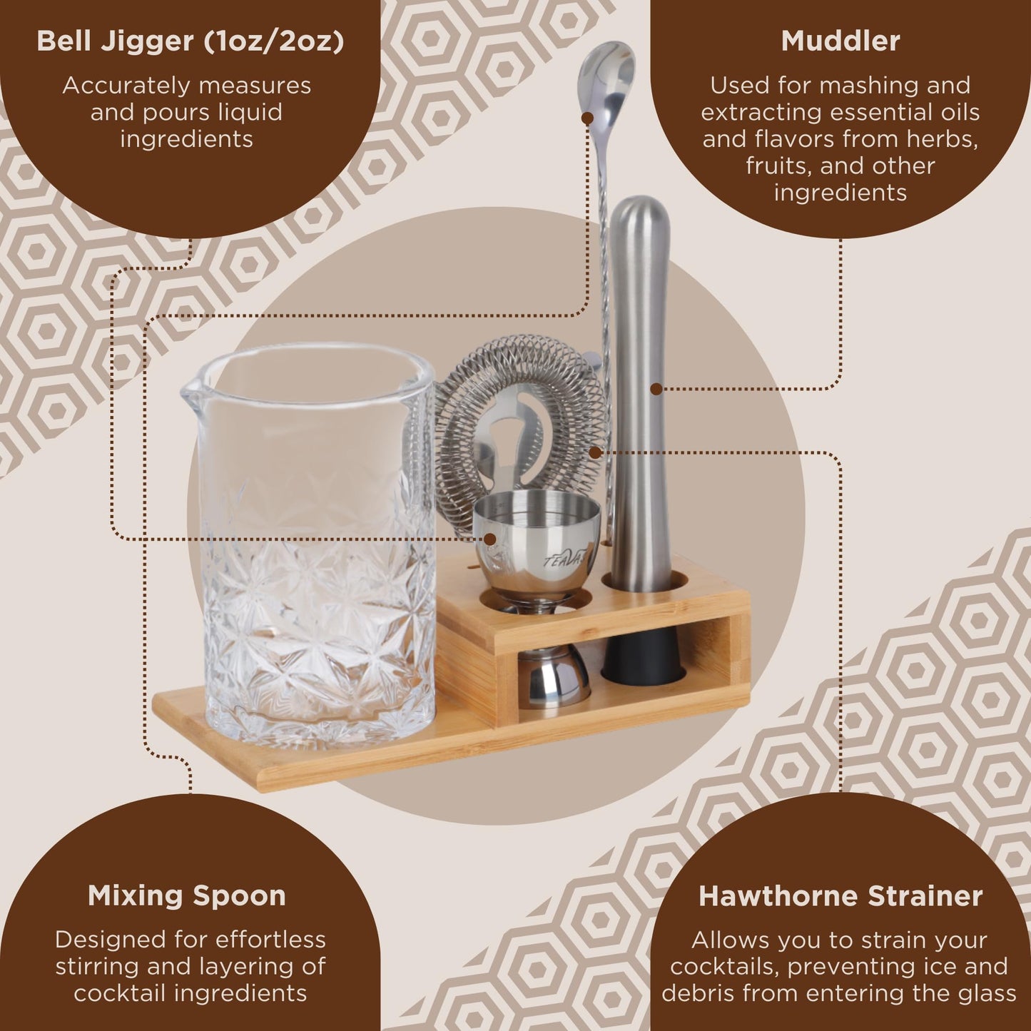 TEAVAS Cocktail 24oz Mixing Glass Set with Jigger, Muddler, Spoon, Hawthorne Strainer & Bamboo Stand - Mixology Pitcher for Stirrer Cocktails - Birthday Gifts for Friends & Family