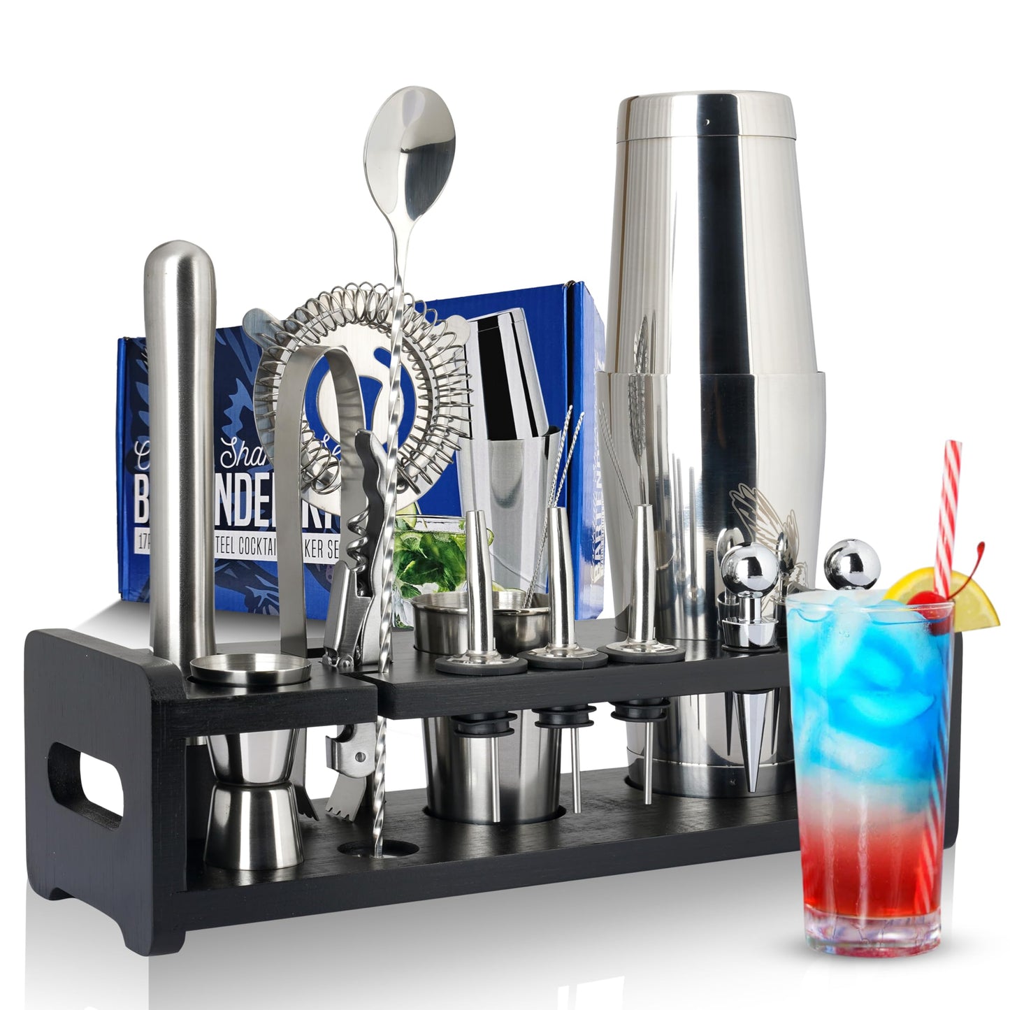 Nikleberry Premium 20 Piece Bartender Kit with Weighted Boston Shaker and Stand | 304 Stainless Steel Bar Tools Set with Large Spill Catching Bar Mat - Recipe Book - Velvet Bag | Perfect for Mixology