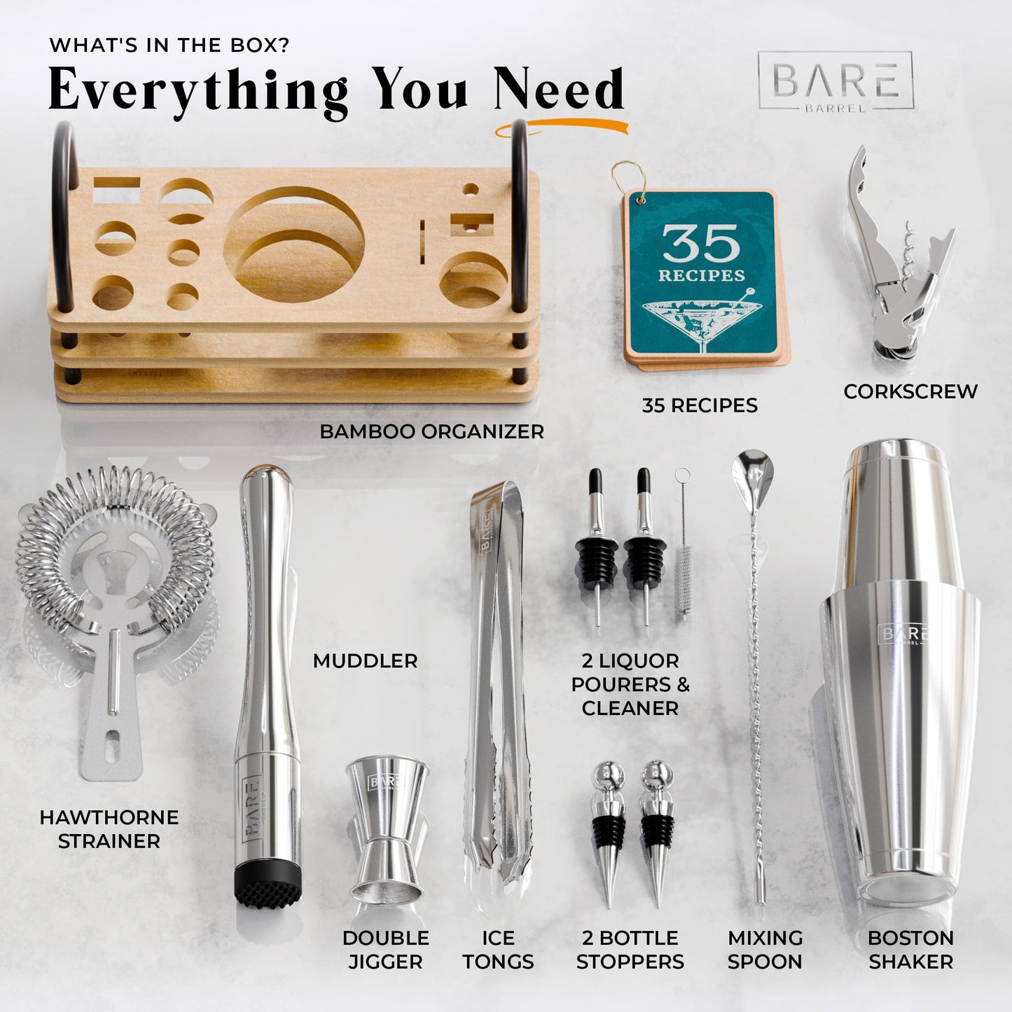 BARE BARREL® Mixology Bartender Kit Bar Set | 14-Piece Cocktail Shaker Set | Martini Barware Mixing Tools for Home Bartending | Incl. 35 Recipe Cards | Gift Set (28oz Boston Shaker, Bamboo Silver)