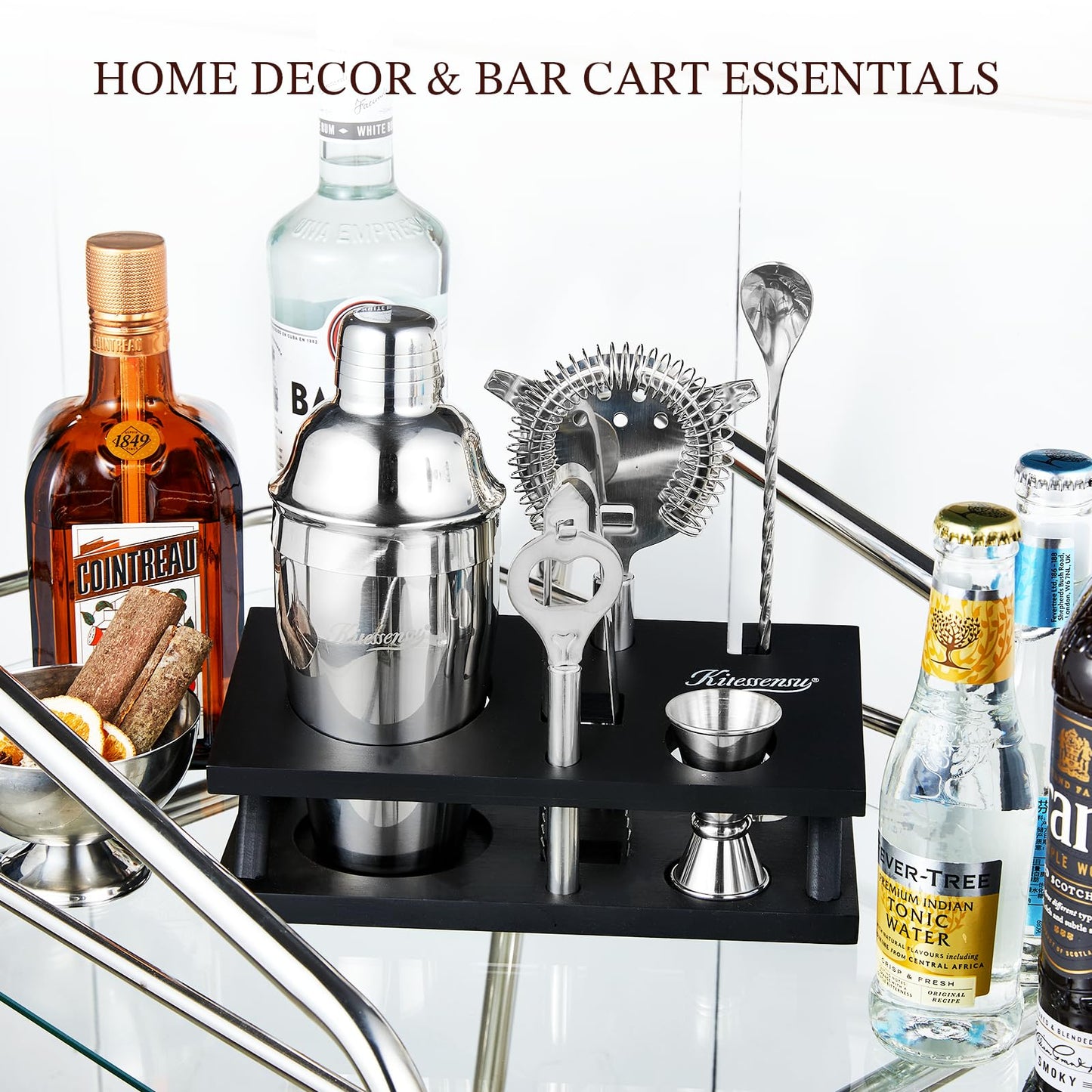 KITESSENSU Cocktail Shaker Set Bartender Kit, 6-Piece Silver Bar Set with Stand, Bar kit with Essential Bar Accessory Tools: Martini Shaker, Jigger, Strainer, Bar Spoon, Tongs, Opener