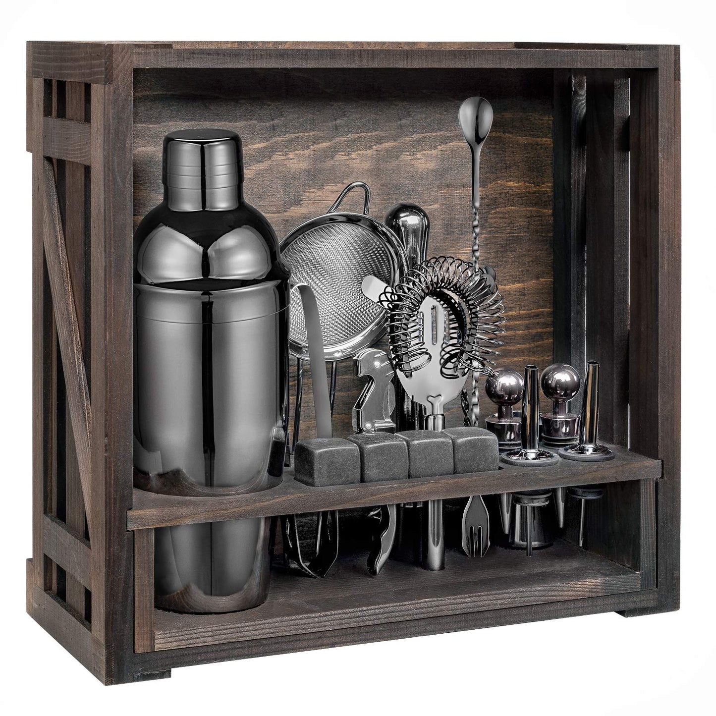 Oyydecor 18 Piece Cocktail Shaker Set with Rustic Pine Stand, Gifts for Men Dad Grandpa, Stainless Steel Bartender Kit Bar Tools Set, Home, Bars, Parties and Traveling (Black)