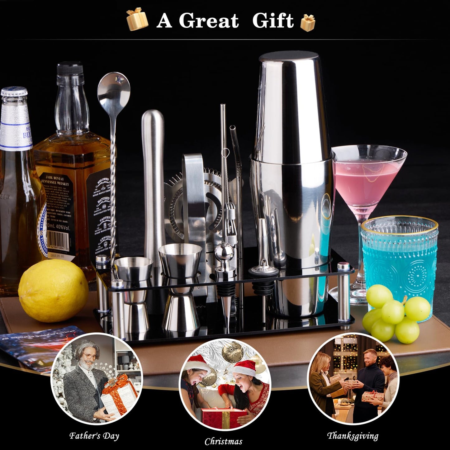 Cocktail Shaker Set Bartender Kit : 15-Piece Bar Tool Set with Acrylic Stand Bar Set with All Practical Bar Accessories, for Drink Mixing, Bar, Home, Lounge & Party, Silver