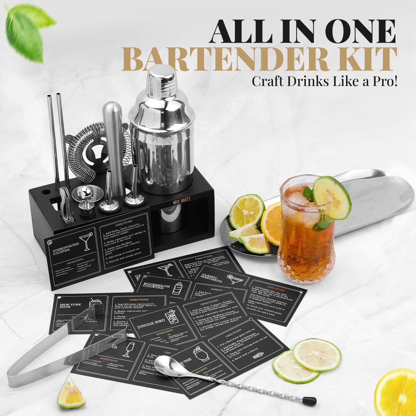 Mixology Bartender Kit with Stand - 15 Piece Bar Tool Set, Silver Bar Set Cocktail Shaker Set for Drink Mixing - Includes Martini Shaker, Jigger, Strainer, Bar Mixer Spoon, Tongs, Opener | Gift Idea