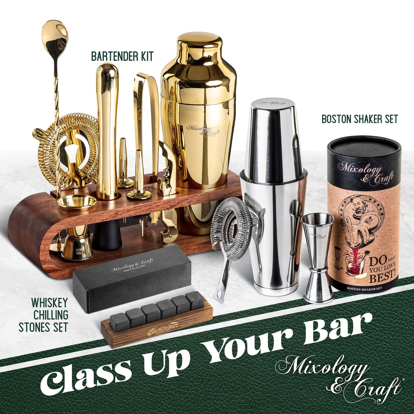 Mixology Bartender Kit: 10-Piece Bar Tool Set with Mahogany Stand | Perfect Home Bartending Kit and Martini Cocktail Shaker Set For a Perfect Drink Mixing Experience | Fun Housewarming Gift (Gold)